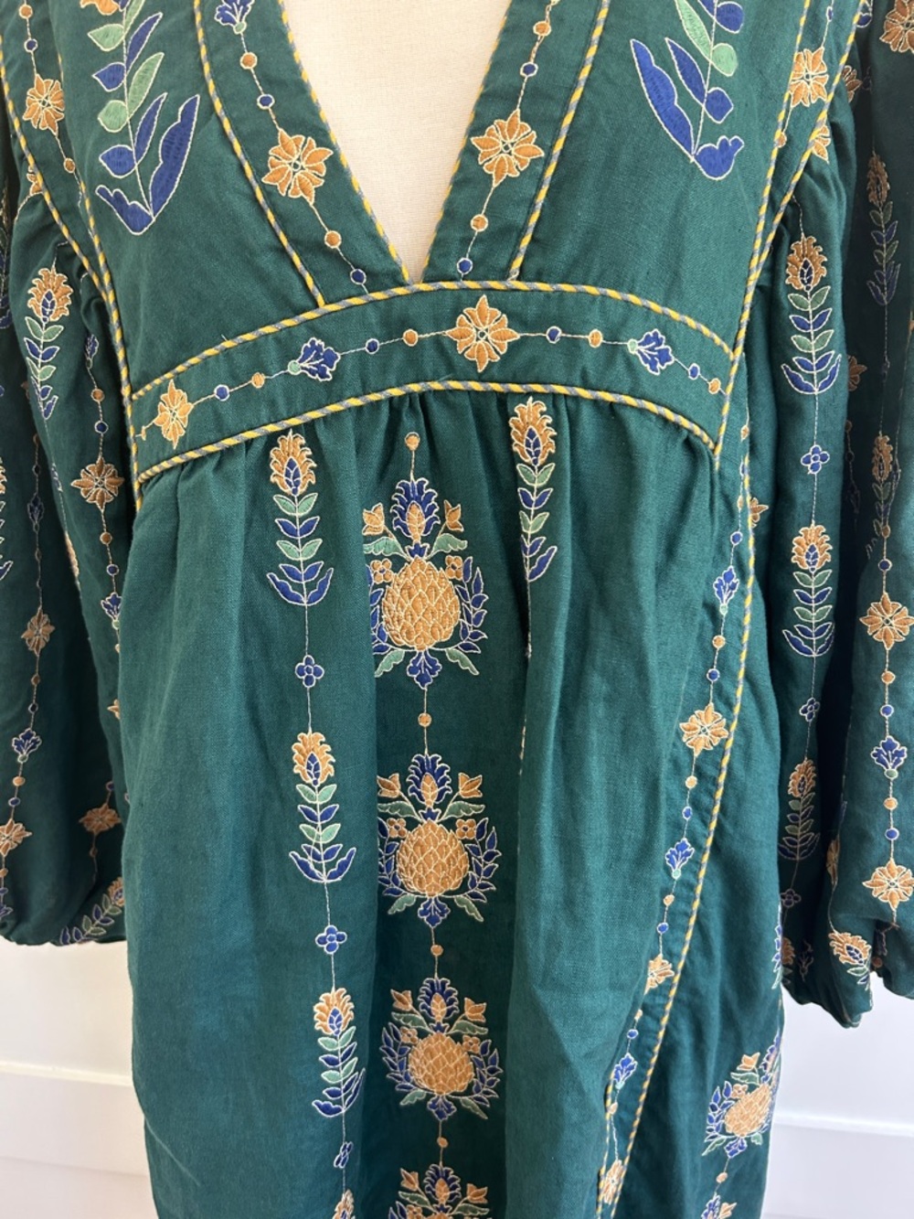 FARM Rio Emerald Green pineapple Maxi Dress with Yellow & Blue Embroidery - Picture 6 of 14